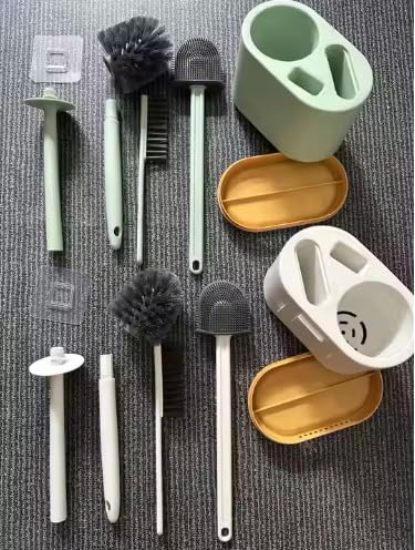 Image of HomeCloud Wall Mounted Silicone Toilet Brush | Soft Bristle Bathroom Cleaning Brush with Holder | Modern Japanese Design | Quick-Drying & Hygienic (Green)