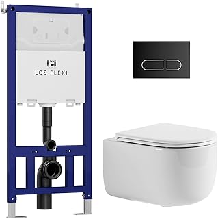 Round Bowl Wall Mount Toilet Combo Set - Los Flexi Compact Wall Hung Toilet With Concealed Tank & Carrier System, 0.8/1.6GPF Dual Flush, Rimless Tornado Flushing, Push Plate Included