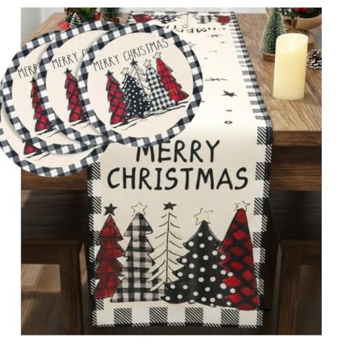 Camino de Mesa Navidad , 183 X 33 cms. Set 5 Piezas Incluye 4 Manteles Individuales Redondos 38 cm. Decoración de Navidad, Cena Navideña .