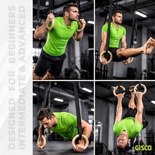 Image of GISCO Wooden Gymnastic Rings | 300 kg Load Capacity | Adjustable Straps with Metal Buckles | Calisthenics & Strength Training for Home Workout (Set of 2)