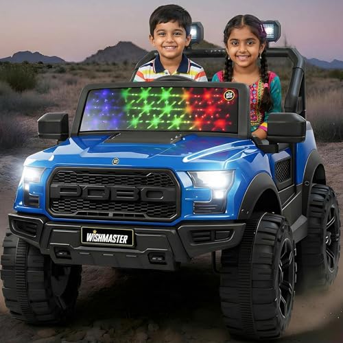 Image of Wishmaster 4x4 Electric Ride-On Jeep for Kids | 12V Battery Operated Car with Remote Control, Music, LED Lights & Suspension | Off-Road SUV Jeep Toy for Boys & Girls (2-8 Years, Blue)