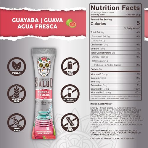 Image of Salud 2-in-1 Energy Drink Powder + Focus, Guava, Organic Caffeine, B6 + B12, Theanine, Clean Energy Drink Packets, Guayaba Agua Fresca Mix, Non-GMO, Gluten Free, Vegan, 1g of Sugar, (15 Servings)