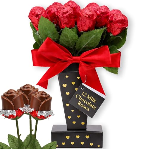 Valentine's Day Chocolate Roses Gift Box, A Dozen Belgian Milk Chocolate Roses in Red Foils, Individually Wrapped Valentines Chocolate Candy Food Gift, Edible Flower Bouquet Gift Basket for Her