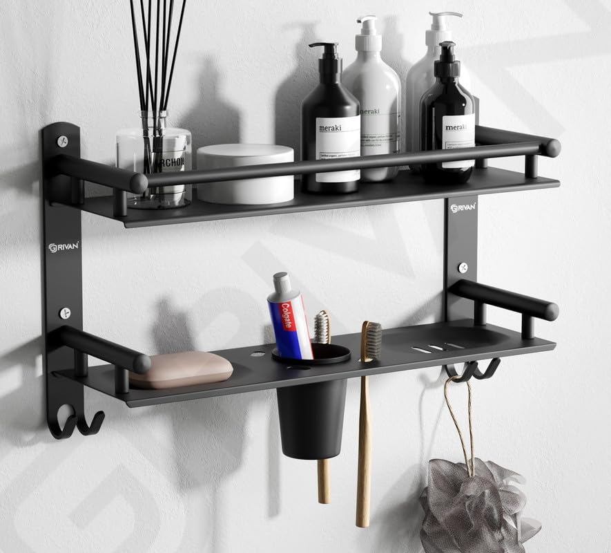GRIVAN 5 in 1 Heavy-Duty Stainless Steel Bathroom Shelf Racks with Dual Soap Holder,Toothbrush Holder and Tumbler for Bathroom Accessories and Fittings (Black Matte)