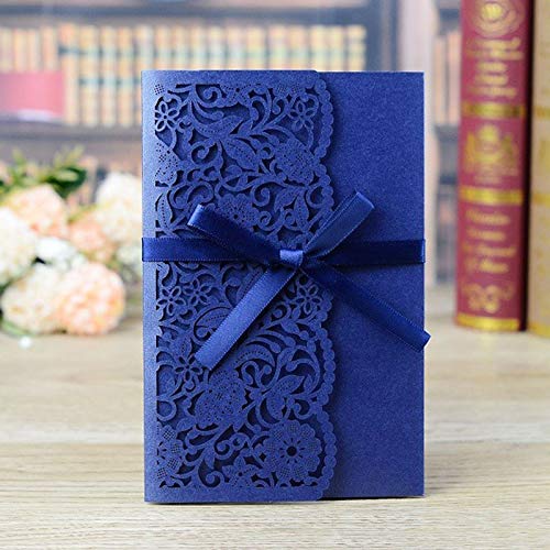 Inviti Matrimonio 50 pezzi di biglietti invito for matrimonio, auguri con fiori in pizzo a tre ante e nastri for feste(Gold Cover inner)