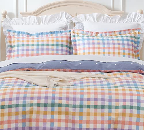 Queen-Size-Bettbezug-Set, 228 x 228 cm, geometrisches Karomuster, Baumwolle, Teenager, Mädchen, Kinder-Bettwäsche, bunt kariert Cover