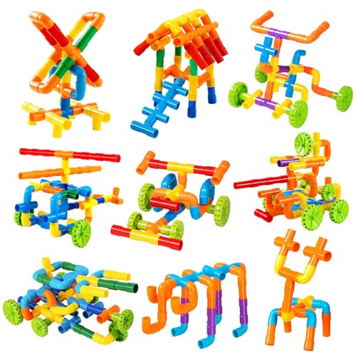 JICIKI Pipe Tube Toys, 136 piezas de bloques de construcción clásicos de ensamblaje de bloques de construcción juguetes con ruedas para niños, regalo de educación creativa para niños y niñas