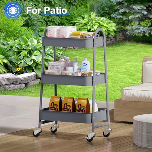 Image of OLIXIS Metal 3 Tiers Utility Rolling Cart, Mobile Storage Shelf with Lockable Caster Wheels, Organization for Livingroom, Bathroom & Narrow Places, Gray