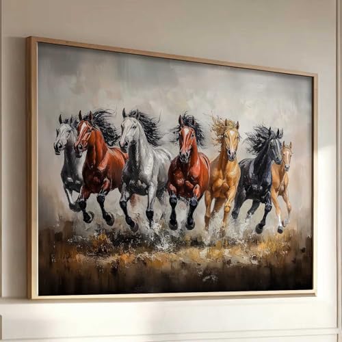 Image of HOTHOUSE Seven Running Vastu Lucky Horse Painting | 7 Horses Vastu Frame Wall Art Painting for Living Room Bedroom Office Home Decor Wall Decor Size (19X25 inch)