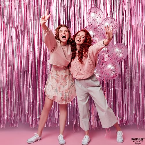 Image of KatchOn, Pink Streamers for Pink Party Decorations - XtraLarge 3.2x8 Feet 2Pcs Pink Tinsel Backdrop for Y2k Party Decorations Pink Backdrop for Flamingo, Birthday Bachelorette Party Decorations
