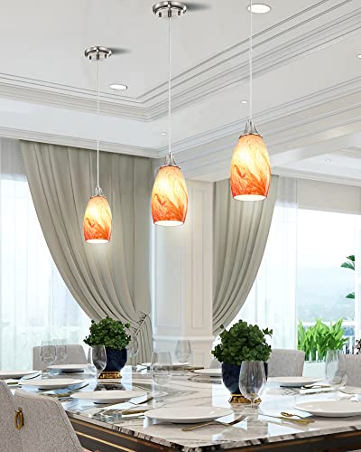 Art Glass Mini Pendant Lights For Kithen Island Marble Glass Pendant Light Shade With Brushed Nickel Finish Hanging Ceiling Lights For Kitchen Over Sink,Dining Room,Living Room Amber Red-1Pack #TOP4
