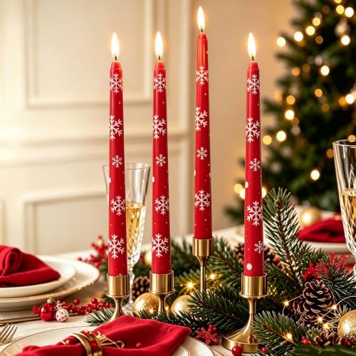Image of Red Snowflakes Christmas Flameless Taper Candles with Remote Set of 4