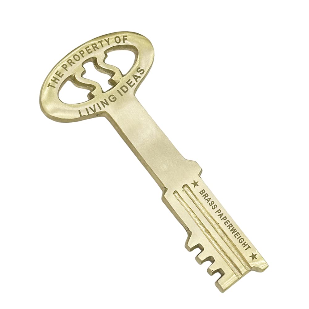Living Ideas Solid Brass Key Shape Paperweight Desk Decor Household Tools Brass Matte Finish Desktop Paperweight for Office and Home Classic Look Solid Brass Letter Weight