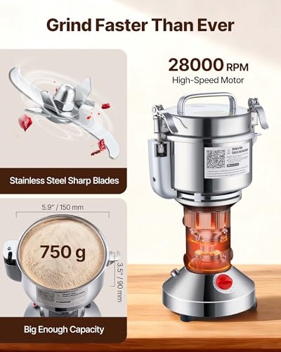 Vevor 750G Mulino Elettrico Per Cereali, Macina Spezie Commerciale Alta Velocità 2000 W, Macchina Polverizzazione In Acciaio Inox, Per Cereali Secchi, Spezie, Caffè, Mais, Pepe, Tipo Oscillante - 4