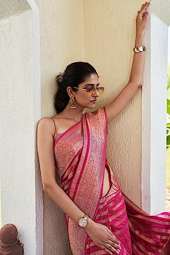 Image of Vardha Women's Banarasi Georgette Saree with Unstitched Blouse Piece - Gold Zari Woven Work Sarees for Wedding (Vritika)