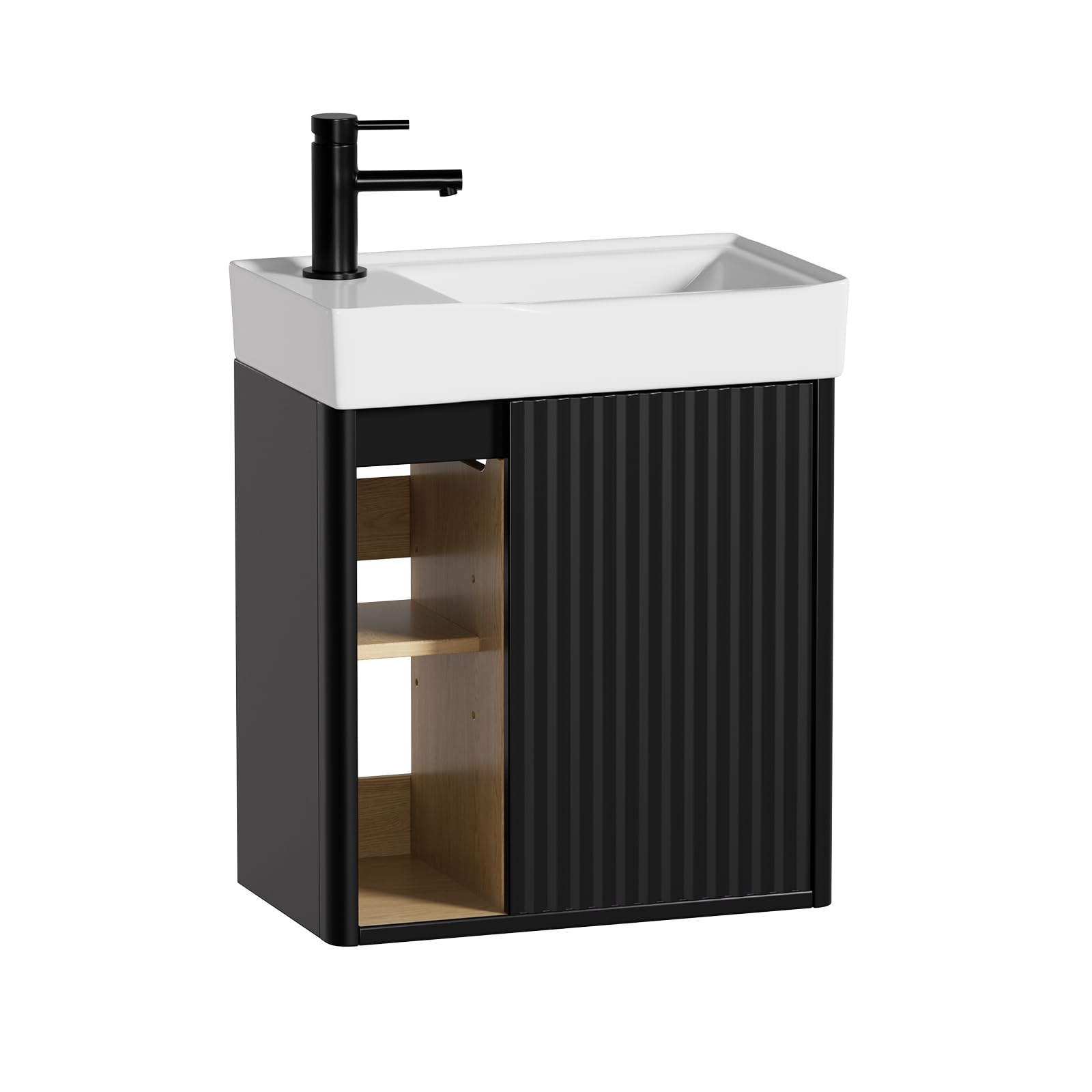 MSFE Meuble Lave Main WC 50 cm Largeur,Meuble Lave-Mains Mural avec Lavabo en Résine,Espace de Rangement Caché/Ouvert pour Petites Salles de Bain et WC,Motif de Ligne,50 * 60 * 30cm,sans Robinet