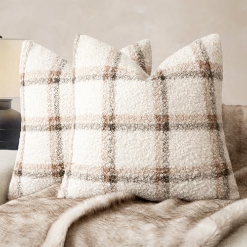 Image of Foindtower Pack of 2 Soft Faux Fur Boucle Throw Decorative Pillow Covers Fuzzy Accent Check Cushion Sherpa Boho Farmhouse Pillowcase for Couch Sofa Bed Living Room Home Decor 20x20 Inch,Natural Beige