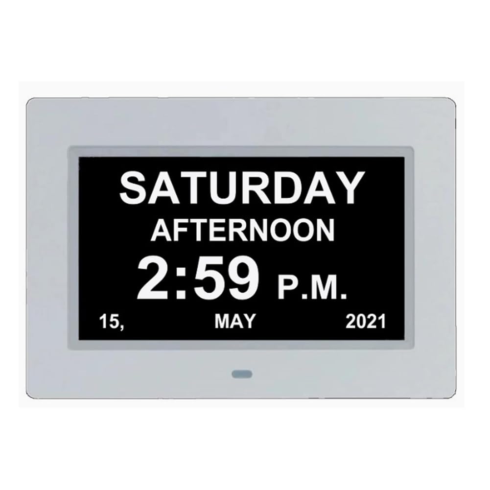 Koolenry White 7 Inch Digital Calendar Alarm Clock Photo Frame Media Player,Large Dementia Alzheimers Clock