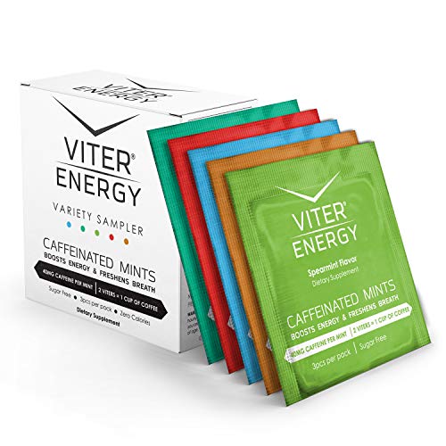 Viter Energy Caffeinated Mints - 5 Flavor Variety Sampler Pack. 40mg Caffeine, B Vitamins, Sugar Free Vegan Breath Mint. Powerful Energizing Boost. 2 Energy Mints Replace 1 Coffee, Gum, Chews, Gummies
