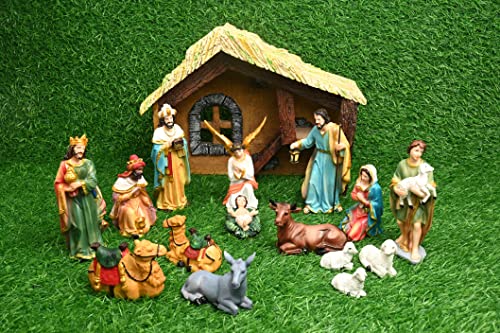 Image of KariGhar Nativity /Crib Idols Set of 16 Pieces (6 inch)[Pack - Crib House,Mary, Joseph, Baby Jesus, Angel, 3 Wise Men, The Shepherd, 7 Animals], Multicolour, A0096