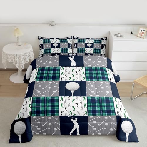 Image of Feelyou Golf Comforter Set King Size Blue Green Plaid Buffalo Check Geometric Bedding Set for Kids Boys Girls Sports Theme Duvet Quilt Bedroom Decor Microfiber 3 Pcs with 2 Pillow Cases