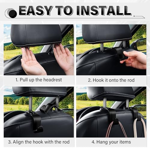 Image of SINGARO 4 Pack Car Seat Headrest Hooks, Vehicle Back Seat Hanger Storage Organizer for Purse Handbag Backpack Coat Grocery, 360 Rotating Heavy Duty Holds 44lbs, Black
