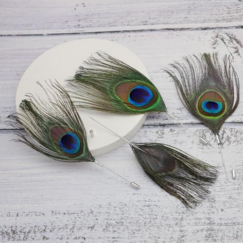 Image of RechicGu 4x Peacock Feather Brooch Pin Set - Black, Vintage Feather Brooch Badge for Western Cowboy Hats, Costumes, Hair Accessories, Lapel Stick Pin