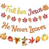 Fall For Jesus He Never Leaves Decor - Maple Leaf Bible Banner, Christian Religion Decoration for Office