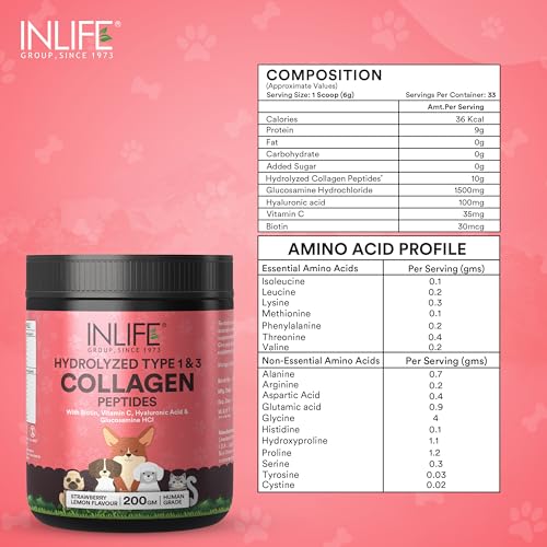 Image of INLIFE Collagen for Dogs & Cats | Hydrolysed Collagen Powder | Clinically Proven Ingredient with Biotin, Vitamin C, Hyaluronic Acid & Glucosamine | Pet Supplement (Strawberry)
