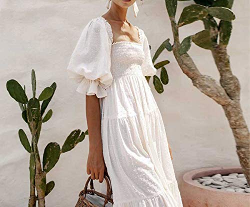 RVivimos-Womens-Summer-Cotton-Plaid-Puff-Sleeves-Bow-Casual-Off-Shoulder-Boho-Midi-Dress