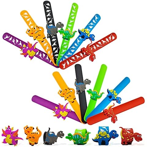 SwirlColor Slap Bracelet, Dinosaur Slap Bracelet Juego de Brazaletes de Bofetadas Desmontables Divertidas, de Moda, Púrpura, Naranja, Negro, Azul, Azul y Rojo, Pulseras de Silicona para Niños, Niñas, 12 Piezas Cover