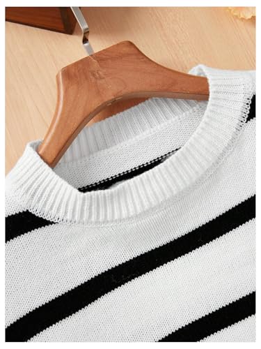 MakeMeChic Girl's Striped Colorblock Round Neck Sweater Long Sleeve Drop Shoulder Knit Loose Pullovers3