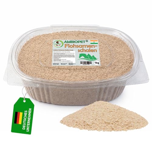 Ambiopet Flohsamenschalen (Psyllium Husks) im 1kg wiederverschließbaren Behälter, eine natürliche, geschmacksneutrale Ballaststoffquelle für den täglichen Bedarf von Hund, Katze und Pferd