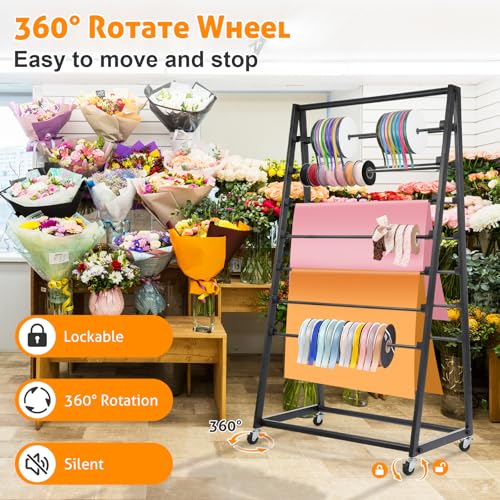 Image of WICHEMI 15 Tier Ribbon Storage Organizer, Double-Sided Metal Ribbon Rack with Wheels, for Craft Vinyl Rolls Scarf Belt Towel Organizer Shelf, Black