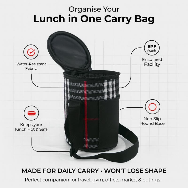 Image of Favria Insulated Lunch Bag for Office Use Men Women | Tiffin Lunch Box Carry Bag for School & College | Holds 3 Containers |Water Resistant Lunch Bag with Front Pocket & Strap (Round Black Lunch Bag)