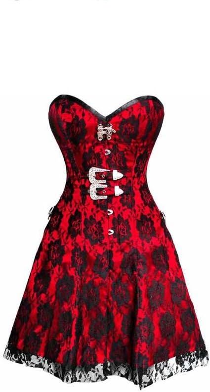 Red Satin Black Net Overlay Gothic Plus Size Waist Shaper Overbust Corset Dress