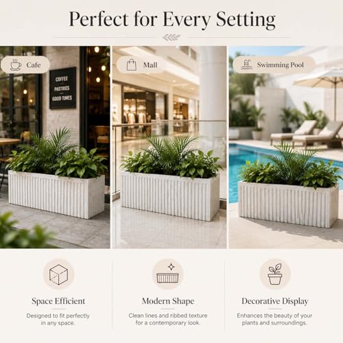 Image of Go Hooked Rectangular Planter Pot (24x12) Inch | Marble White Ribbed Design Plastic Flower Pot for Indoor Outdoor Balcony Garden Window Railing Patio | Polymer Decorative Plant Container