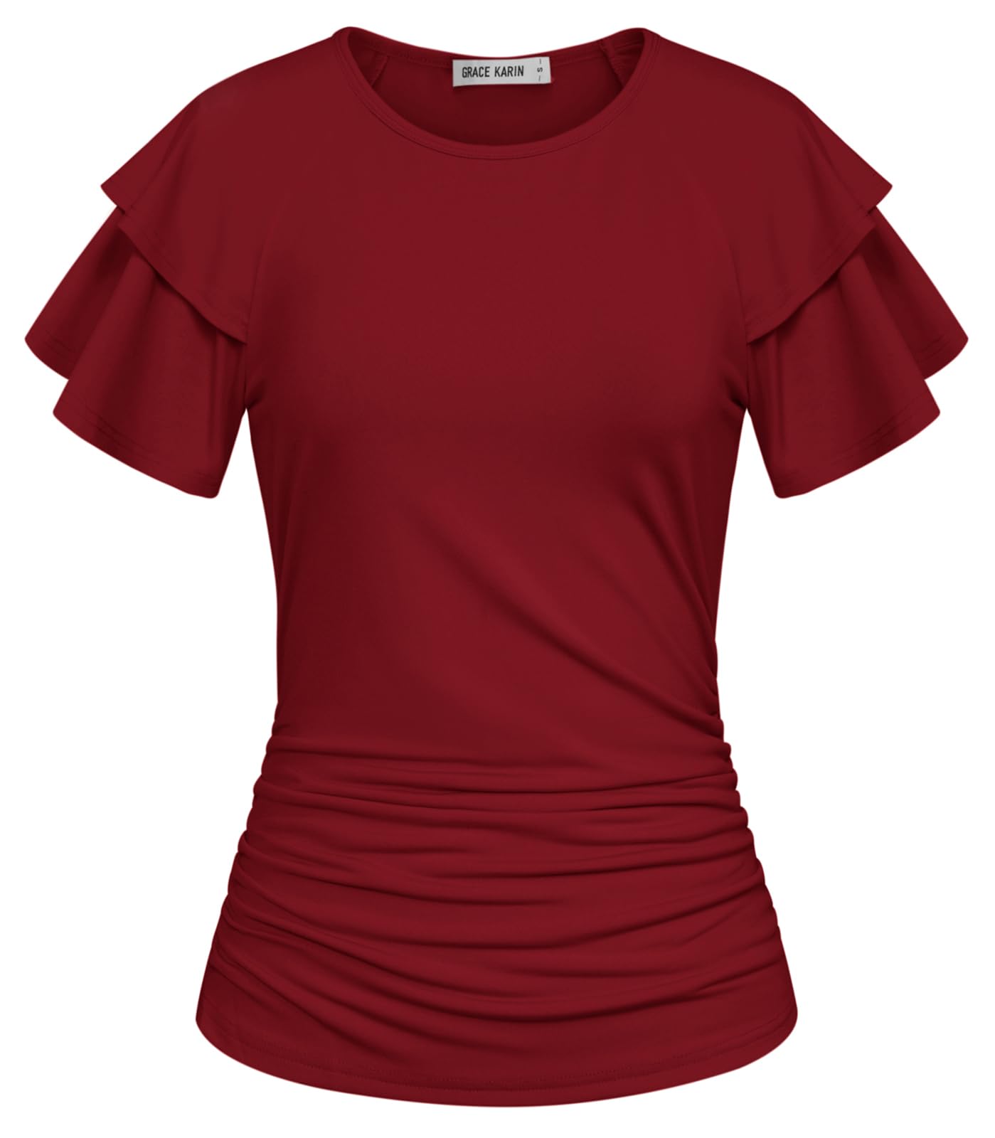 GRACE KARIN Summer Tops for Women Dressy Casual, Ruffle Short Sleeve Work Shirt, 2026 Spring Blouses Wine Red Large