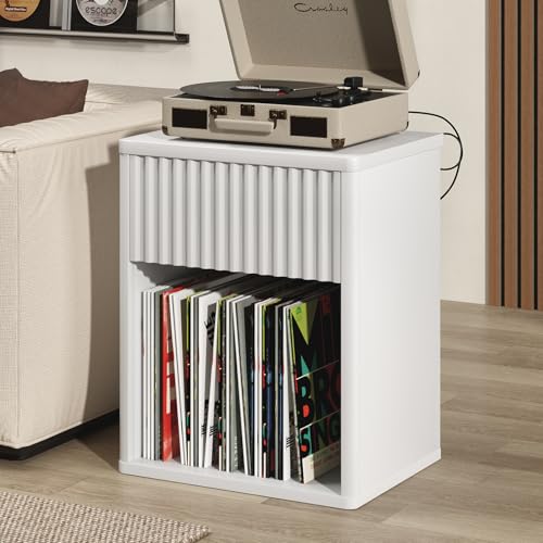 Image of White Nightstands Set of 2 w /Charging Station, Wooden End Table Bed Side Table with Curved Drawer, Mid Century Modern Fluted Night Stand with Rounded Edge for Bedroom, Living Room