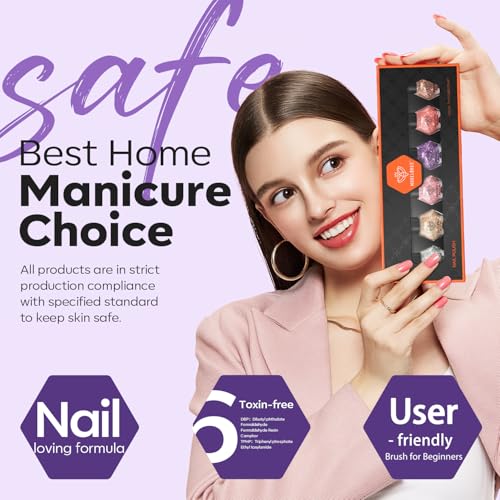 Image of modelones Nail Polish Set 6 Colors Red Nude Gold Glitter Min Nail Polish Set Quick Dry Diamond Silver Sparkle Winter Nail Polish Manicure DIY Nail Art Salon Home Gift for Women Girl