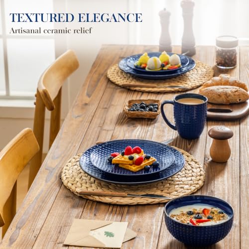 Image of MALACASA 16 Pieces Dinnerware Sets, Farmhouse Plates and Bowls Sets, Embossed Blue Dish Set for 4, Vintage Relief Ceramic Dish Set with Mugs, Microwave and Dishwasher Safe, Series LYDIA