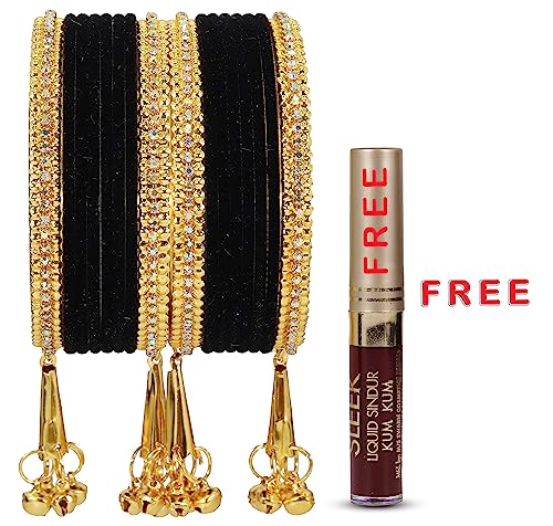 Image of NMII Metal with Zircon Gemstone and Velvet Studded Bells Latkan Bangles Set For Girls and Women I Latkan Bangles, Premium Bangle Bracelet Set I Pack of 16 Bangles