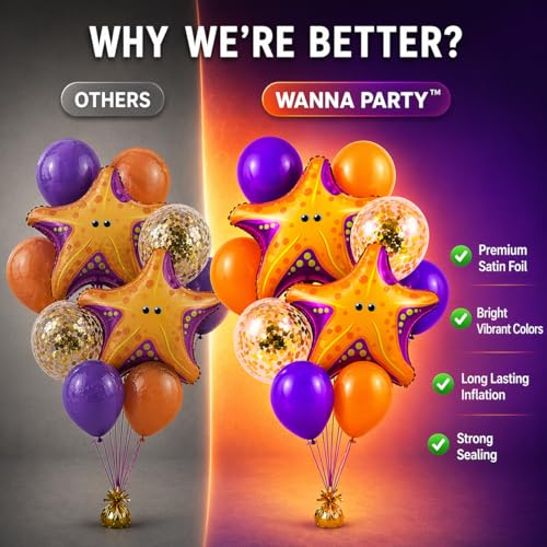 Image of Wanna Party Starfish Underwater Theme Balloon Set of 10 for Birthday Decoration | 2 Starfish Foil Balloons + 3 Purple + 3 Yellow + 2 Gold Confetti Balloons (12 Inch) | Ocean Sea Party Decor Supplies