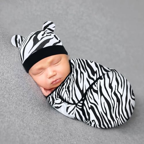 Image of Cinaci 2 Pieces Adjustable Soft Cotton Baby Swaddle Sleep Sacks Hats Newborn Nursery Caps Beanies Bonnets Swaddle Blanket Wraps for Baby Girls Boys Infants Newborns (2PCS S14)