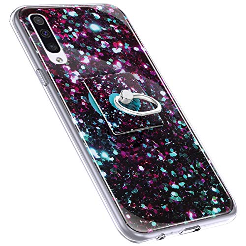 Urhause Cover Compatible with Samsung Galaxy A50 Case Sparkle Glitter Bling Marble Case TPU Silicone Ring Holder Cover 360 Degree Rotation Ring Holder Kickstand Shiny Bling Shockproof Cover Purple