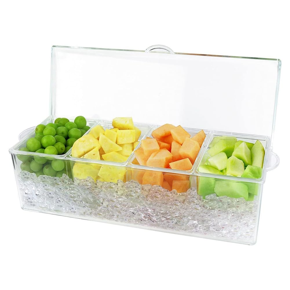 Server per condimenti raffreddato a ghiaccio con 4 contenitori separati, include vassoio e coperchi, perfetto per barbecue, feste e cene all'aperto, mantiene le salse fresche e fredde