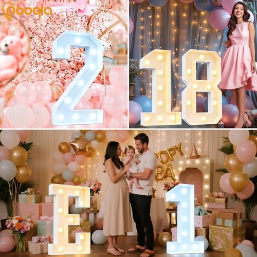 Image of Pooqla 3 FT Light Up Number 7 for 7th 17th 70th Birthday Decorations, Large Marquee Number with Cool White Warm White LED Lights Birthday Decorations for Girl Boy, Wedding Anniversary Party Decoration