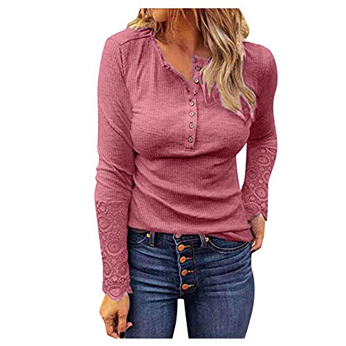 Womens Scoop Neck Henley Tops Low Cut Lace Long Sleeve Solid Sexy Fall Button Down Shirts Blouse Pink