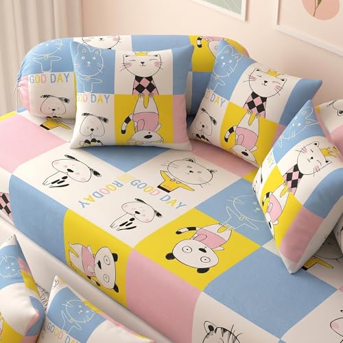 Image of Filymore Cat Print 8 Pieces Diwan Set for Kids Room, Soft Microfiber Single Bedsheet with 5 Cushion Covers & 2 Bolster Covers, Cute Cartoon Kids Bedding Set for Boys & Girls (Pink)
