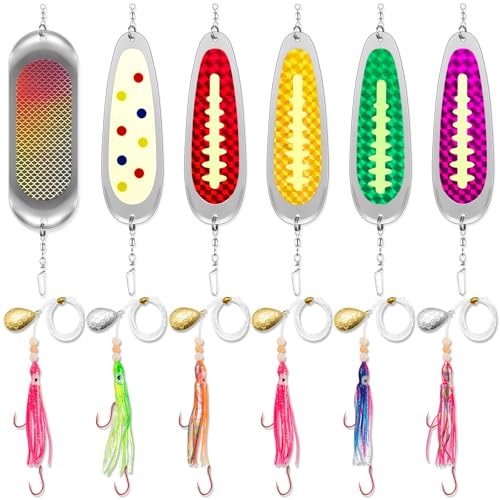 Arrowbash 6 Set Squid Fishing Hoochies-Glow Fresh Water Kokanee Salmon Trolling Lures with Pre-Rigged Octopus Hooks-Synthetic Skirts Kokanee Hoochies Versatile Design for Salmon Fishing